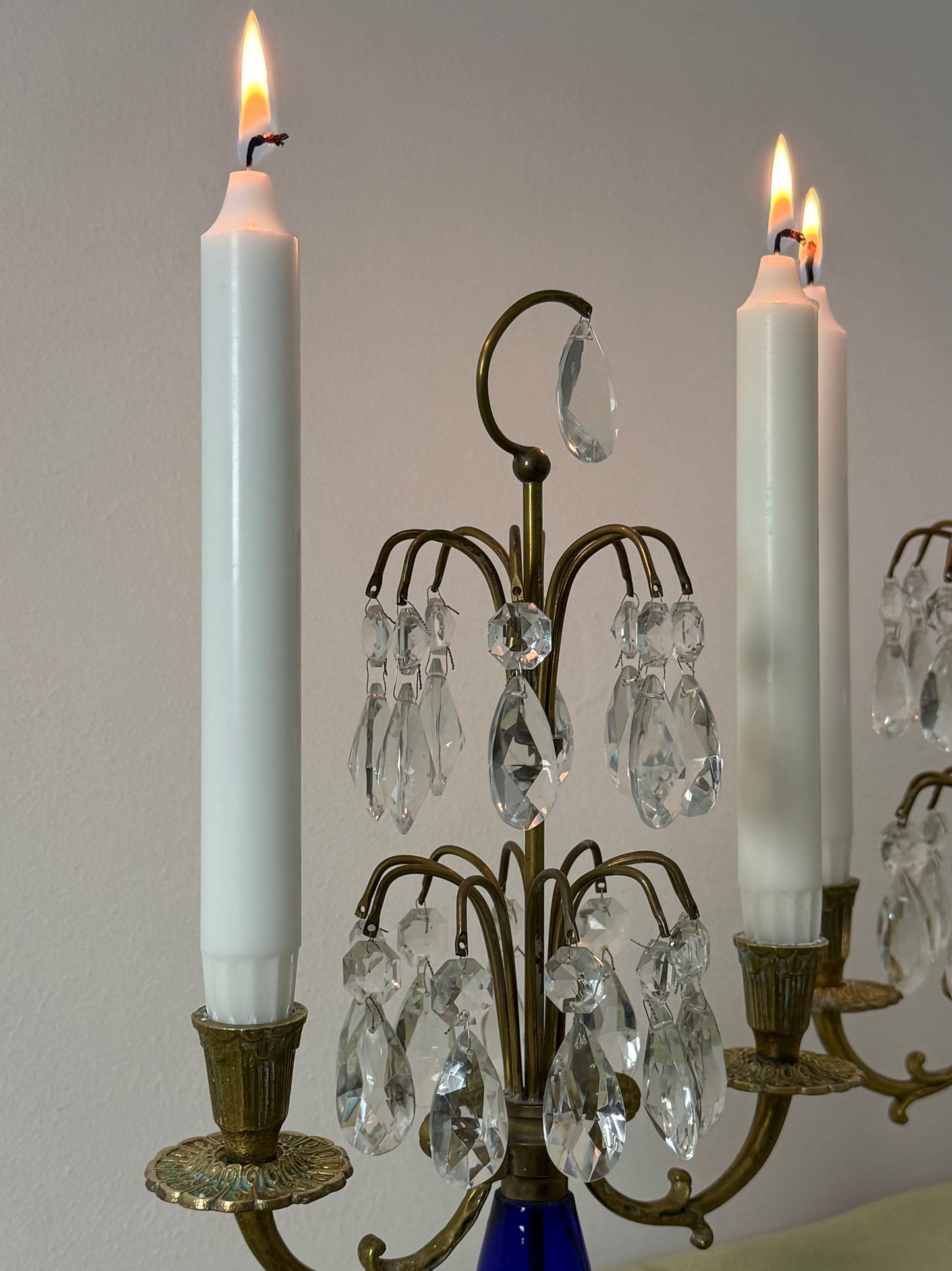 Pair of Vintage Brass Candlesticks with Faceted Prisms and Blue Accent