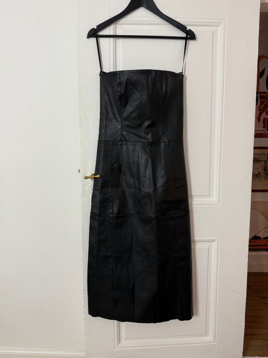 Maje Black Leather Strapless Dress