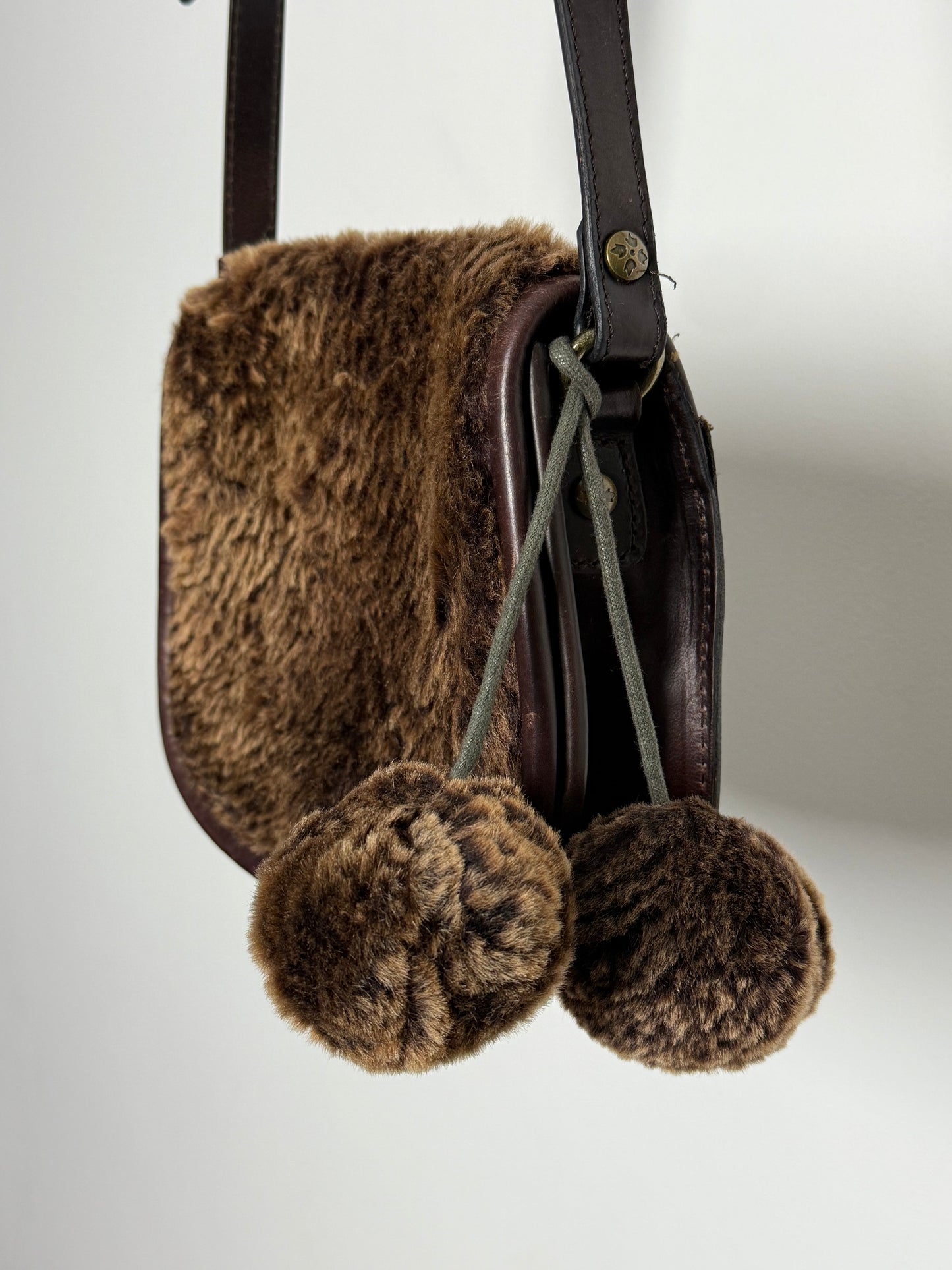 Vintage Patricia Nash Crossbody Bag in Laser Cut Sherpa with Pom Pom Detail