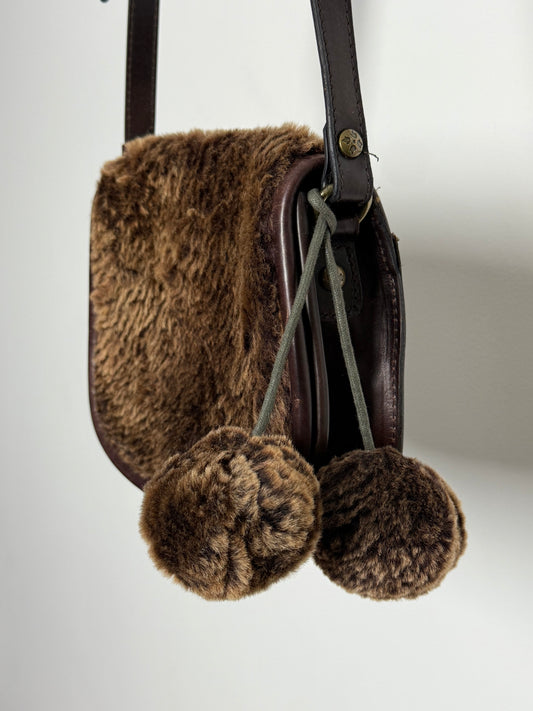 Vintage Patricia Nash Crossbody Bag in Laser Cut Sherpa with Pom Pom Detail