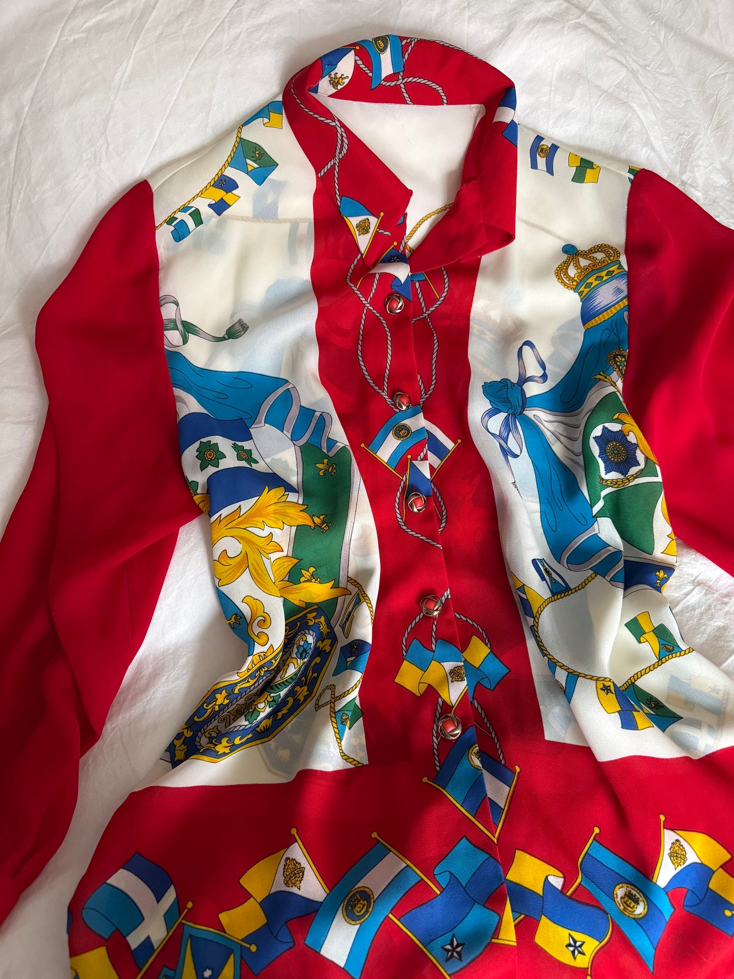 Vintage Flag Print Button Up Blouse