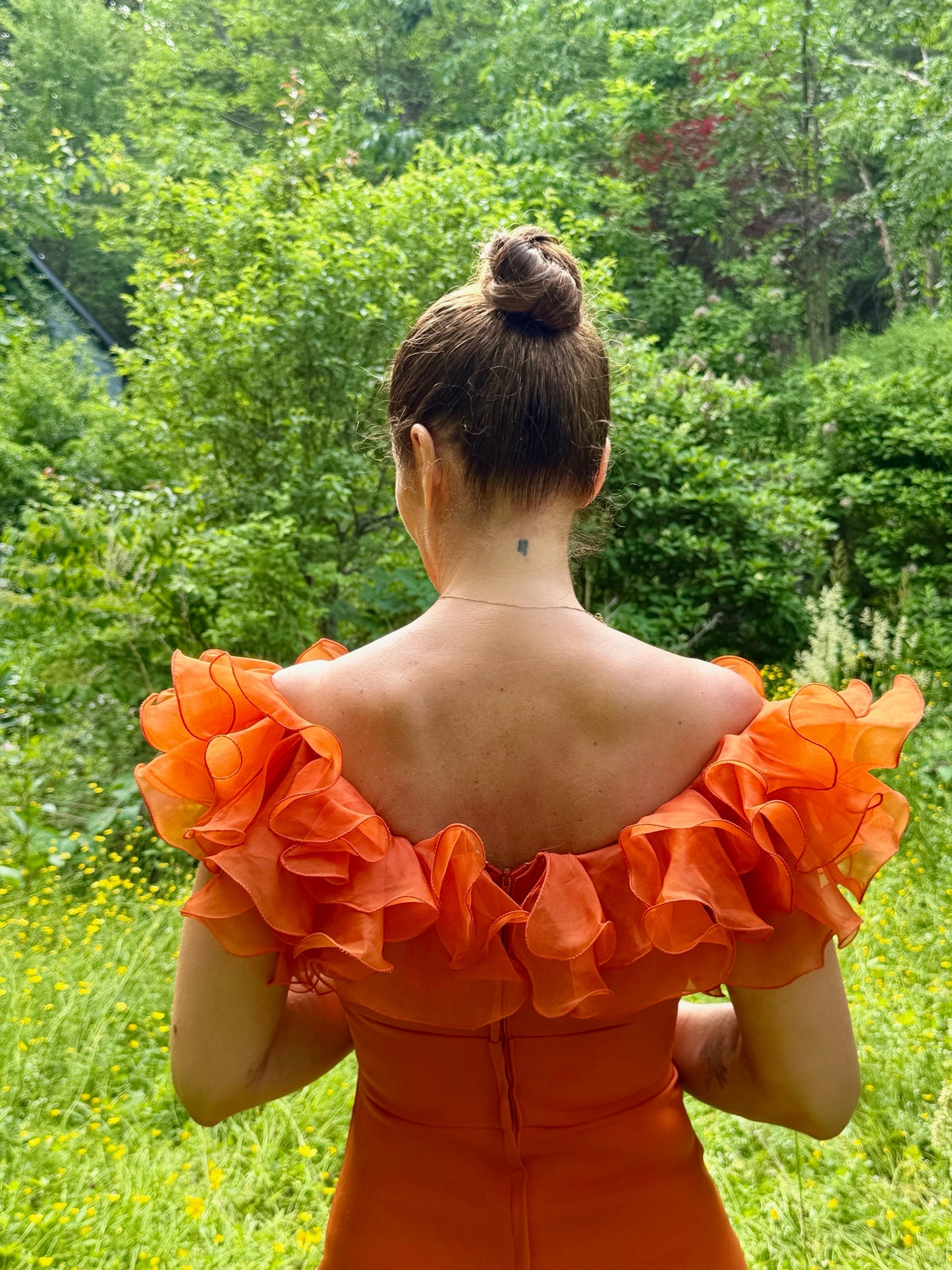 Vintage Orange Ruffle Evening Gown