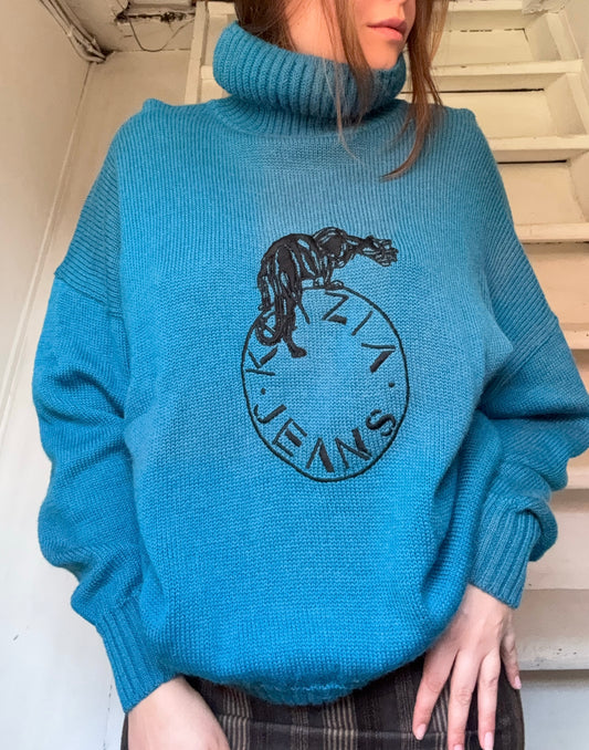 Vintage Krizia Wool Sweater with Jaguar and Logo Embroidery