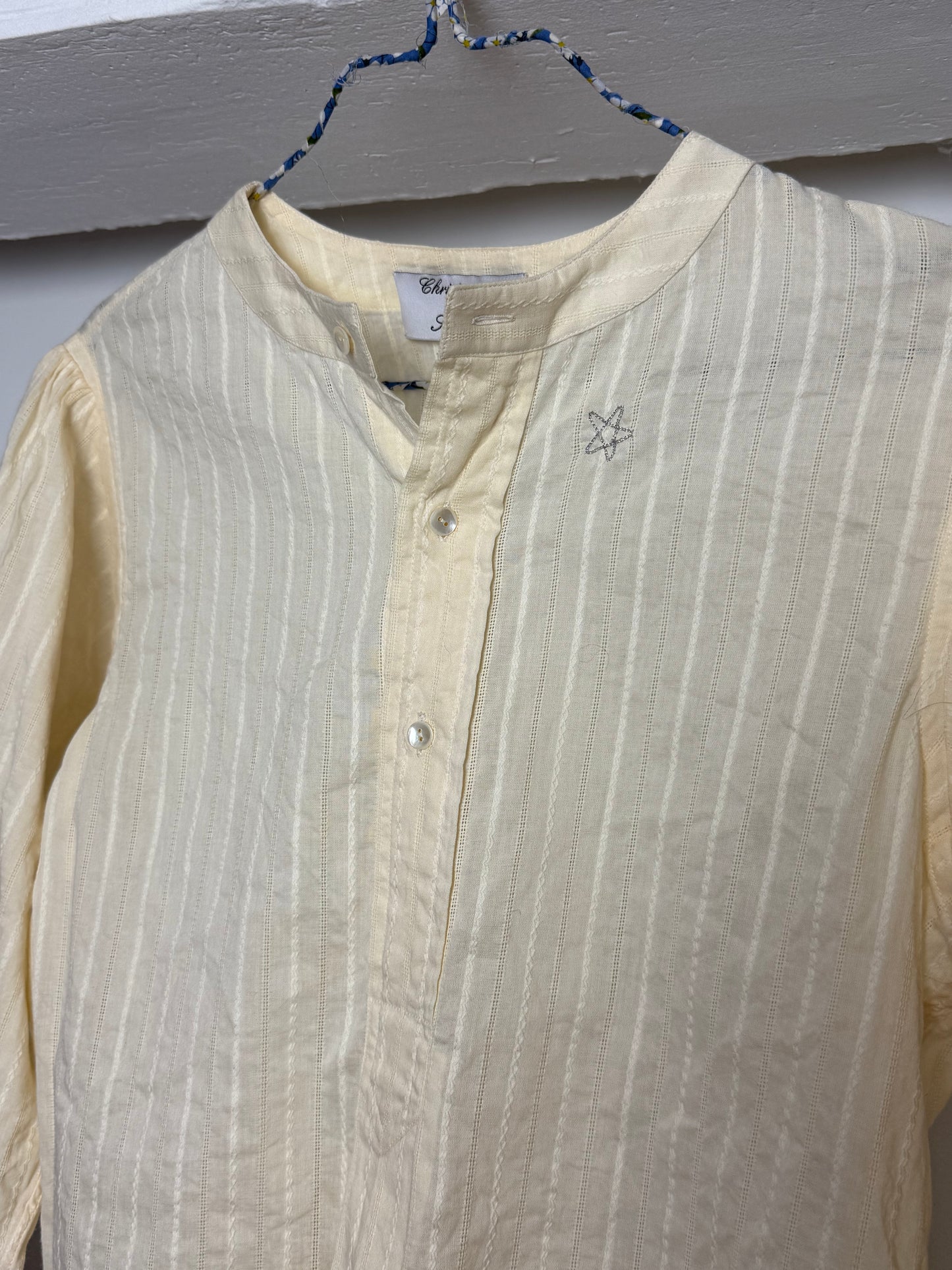 Christensen x Sigersen Cream Textured Cotton Blouse with Cropped Sleeves and Embroidered Star Detail