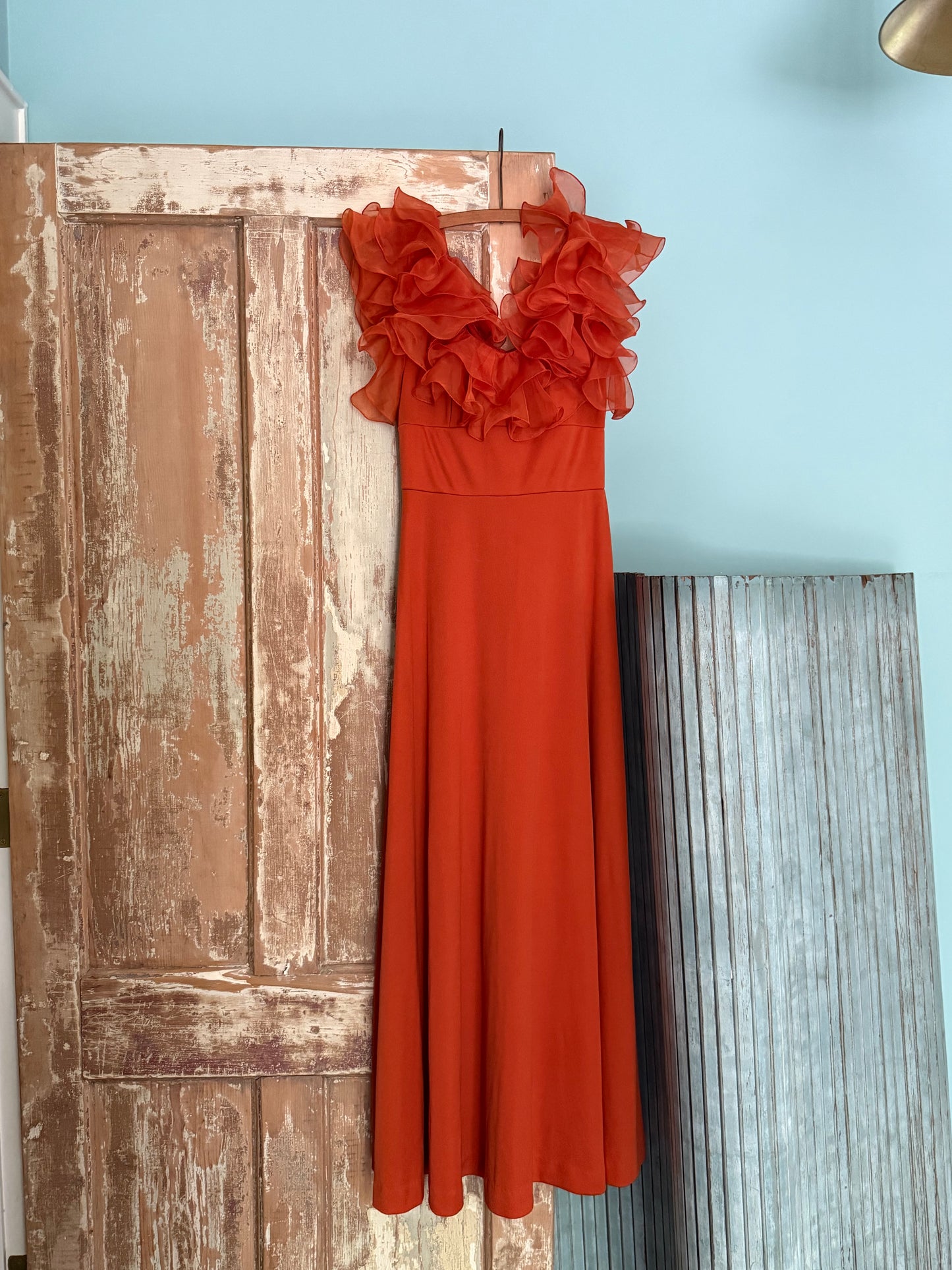 Vintage Orange Ruffle Evening Gown