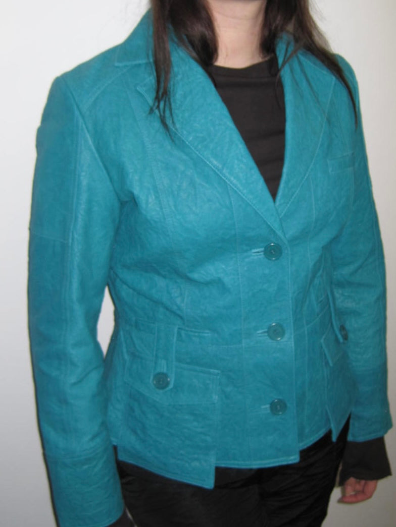 Vintage Turquoise Leather Jacket with Structured Fit and Utility Pockets