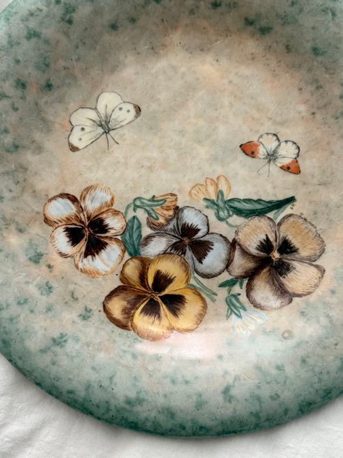 Vintage Hand Painted Pansy & Butterfly Ceramic Platter