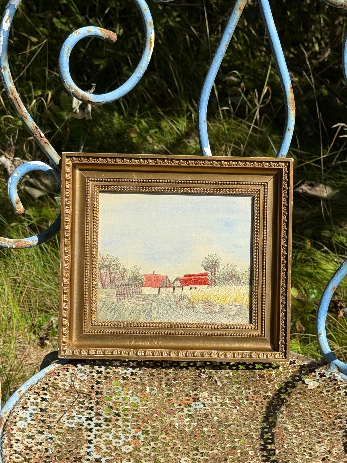 Vintage Framed Hand Embroidered Countryside Landscape
