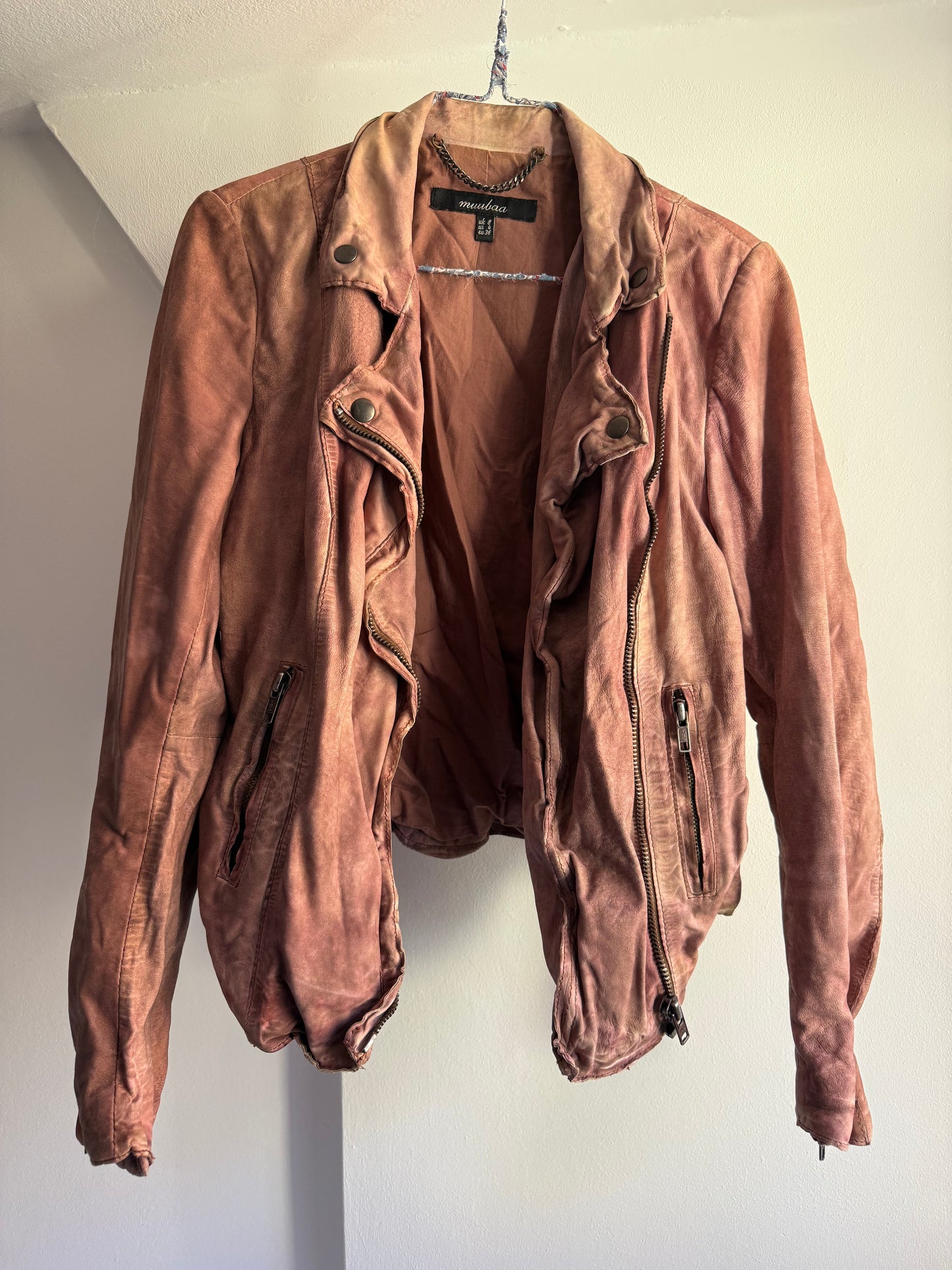 Muubaa Distressed Dusty Rose Leather Biker Jacket