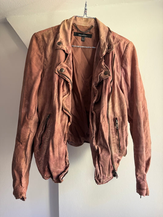 Muubaa Distressed Dusty Rose Leather Biker Jacket