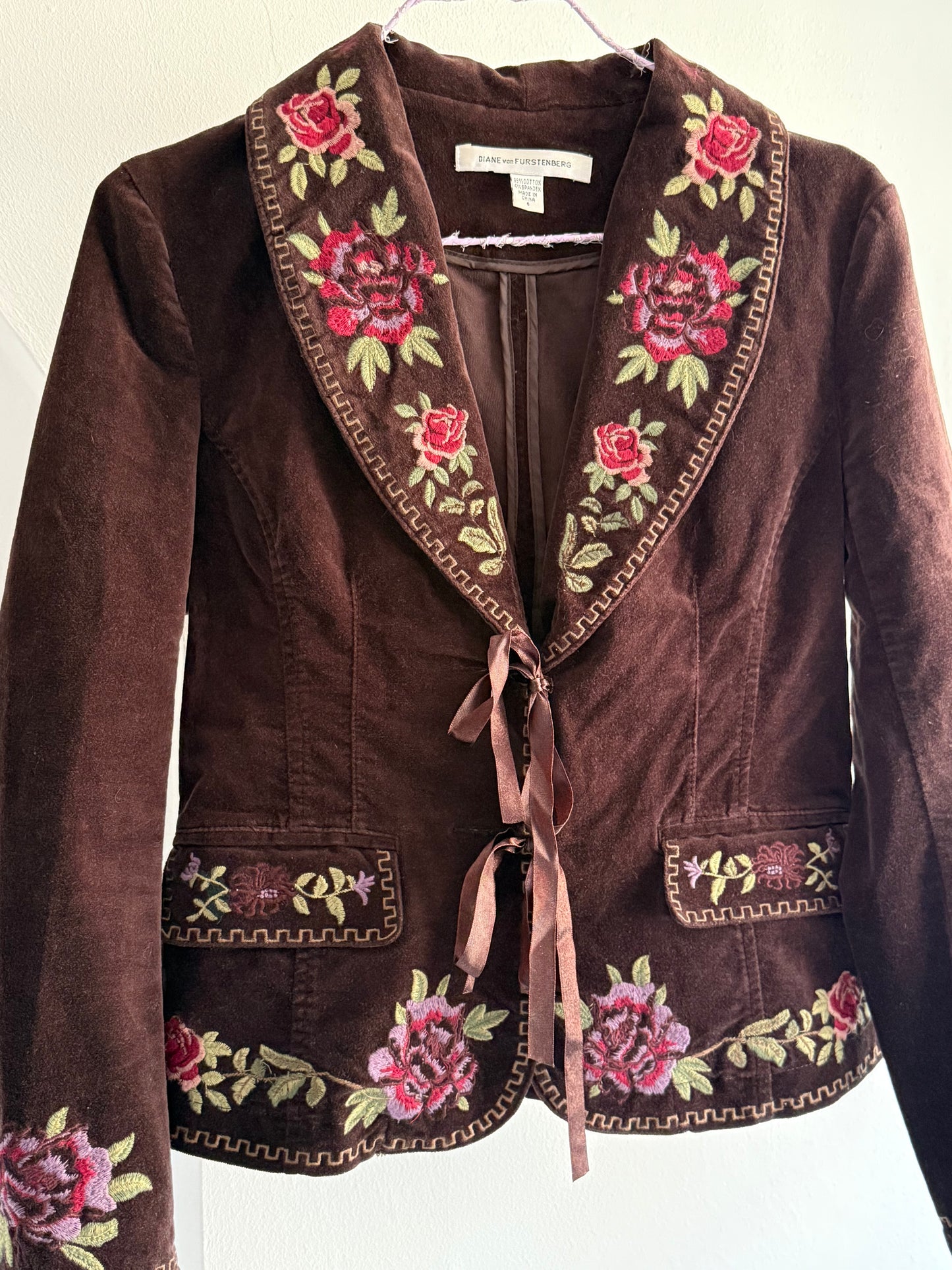 Diane Von Furstenberg Embroidered Velvet Tie Front Blazer