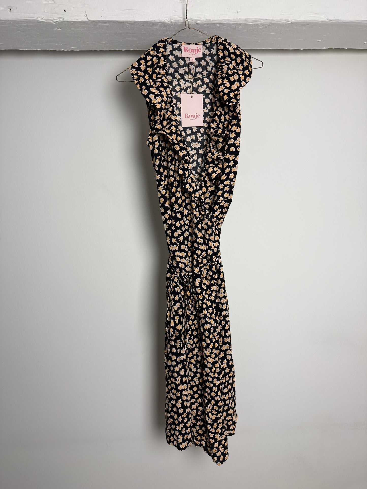 Rouje Floral Wrap Midi Dress with Soft Yellow Ditsy Print and Defined Waistband