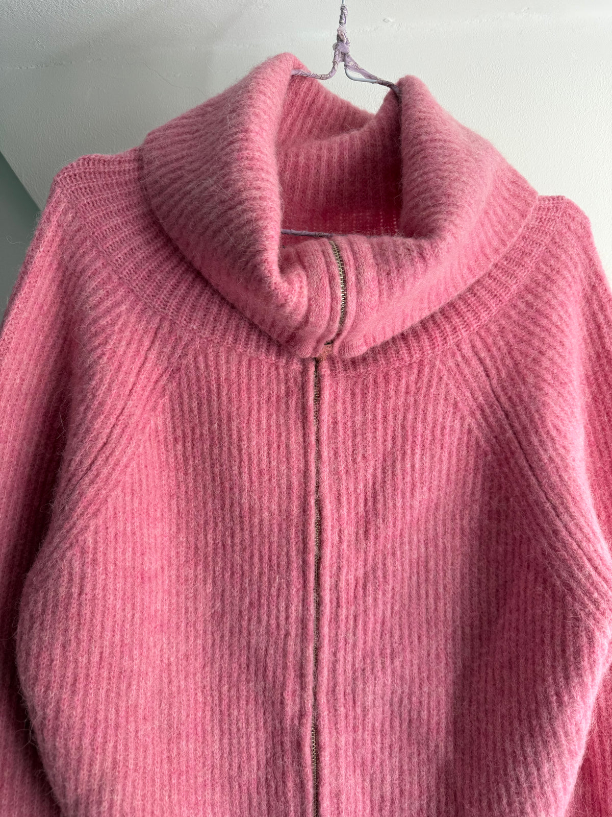 Maje Pink Alpaca Wool Blend High Collar Zip Cardigan
