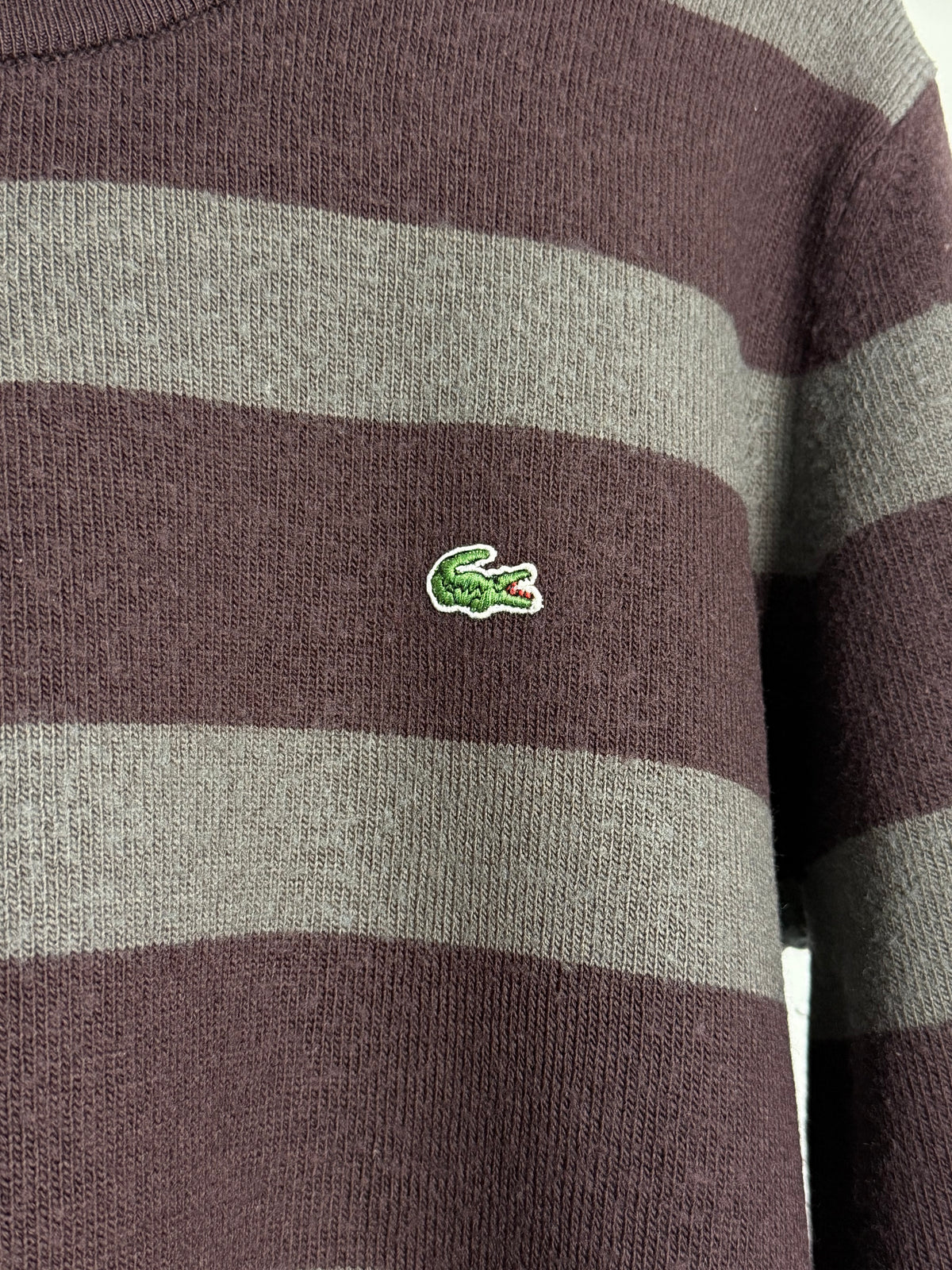 Vintage Lacoste Burgundy and Grey Striped Knit Sweater with Classic Logo