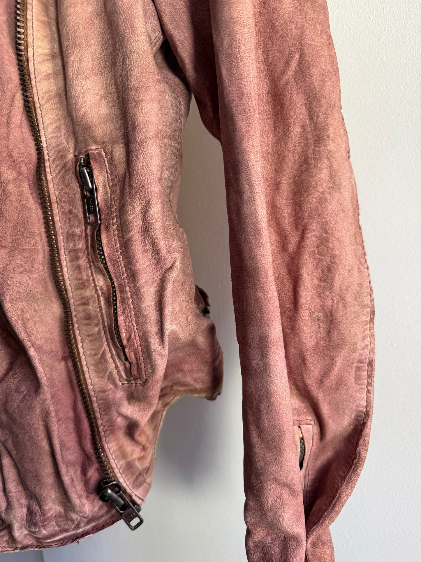 Muubaa Distressed Dusty Rose Leather Biker Jacket