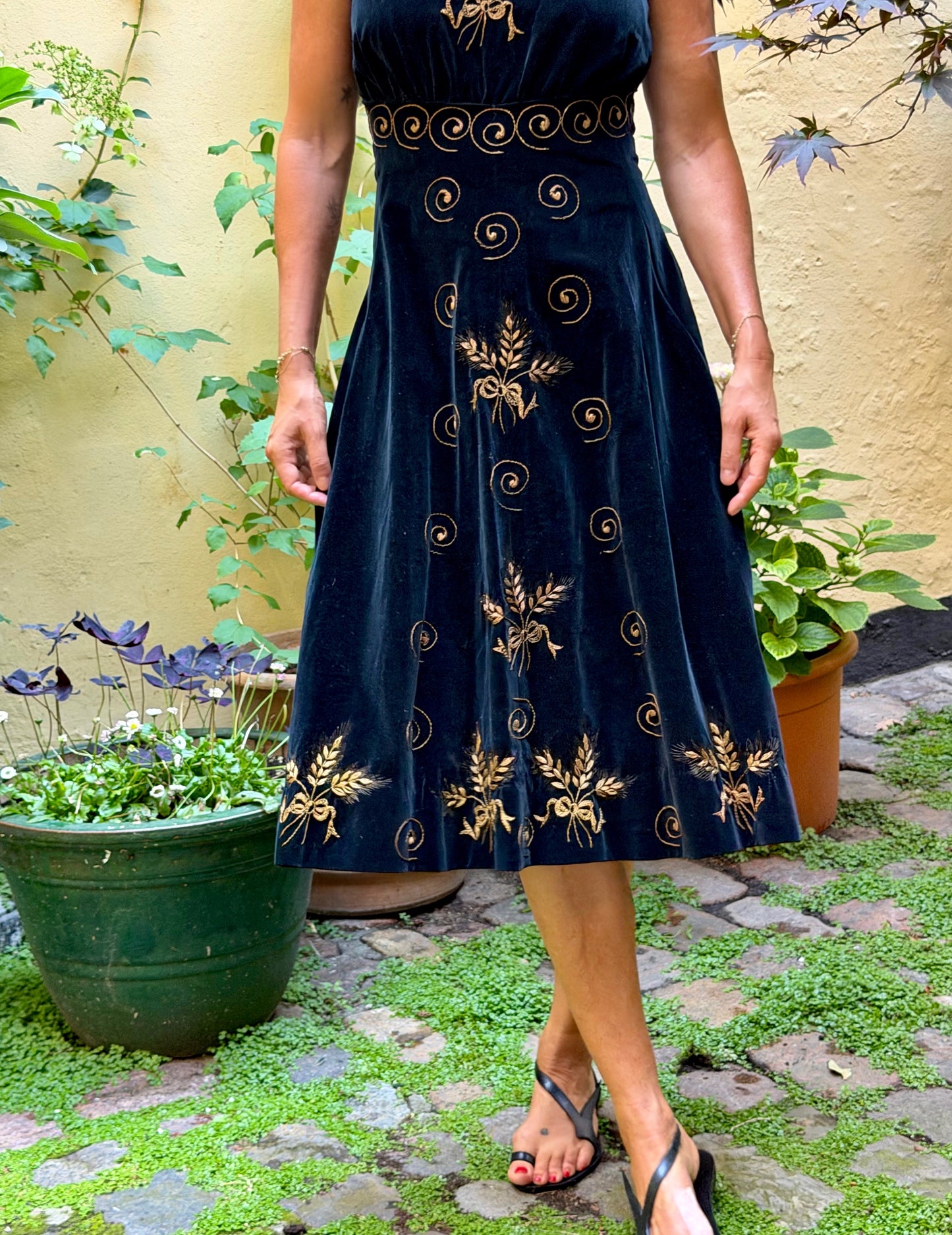 Vintage Black Velvet Embroidered Midi Dress with Gold Floral Details