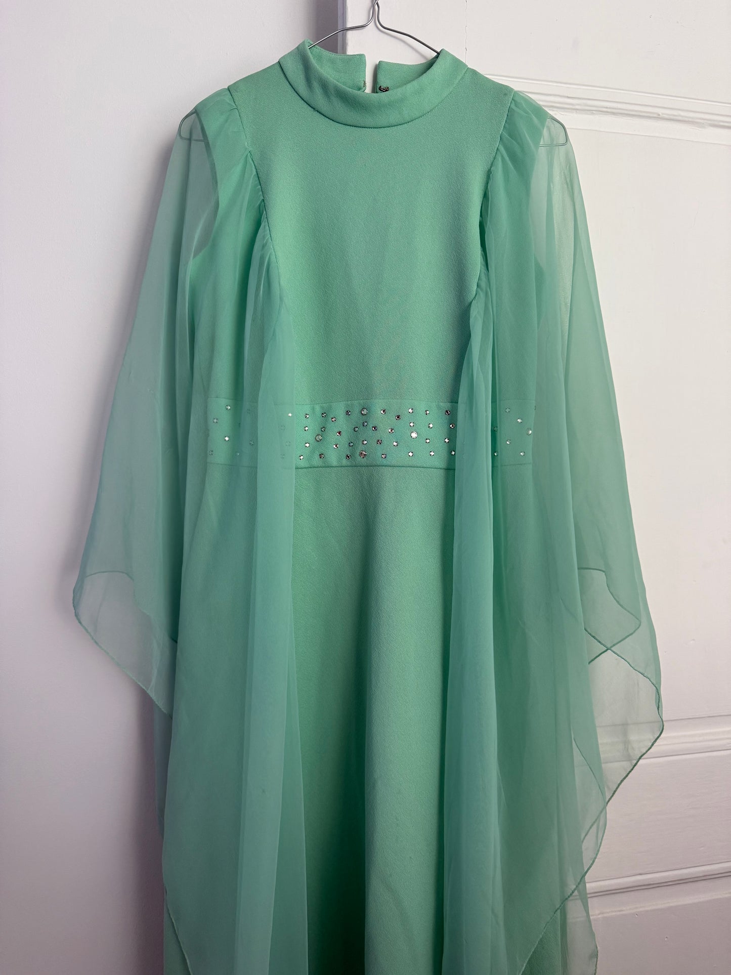 Vintage 60s-70s Mint Green Chiffon Cape Maxi Dress with Rhinestones