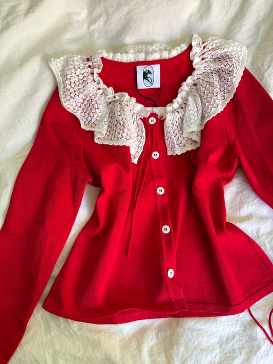 Sleeper Red Knit Cardigan with Lace Collar