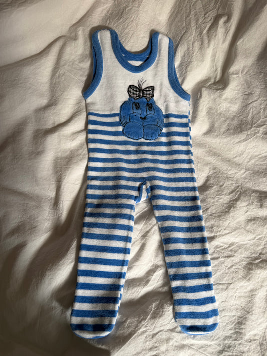Vintage 1960s Striped Baby Romper with a Small Dog Motif