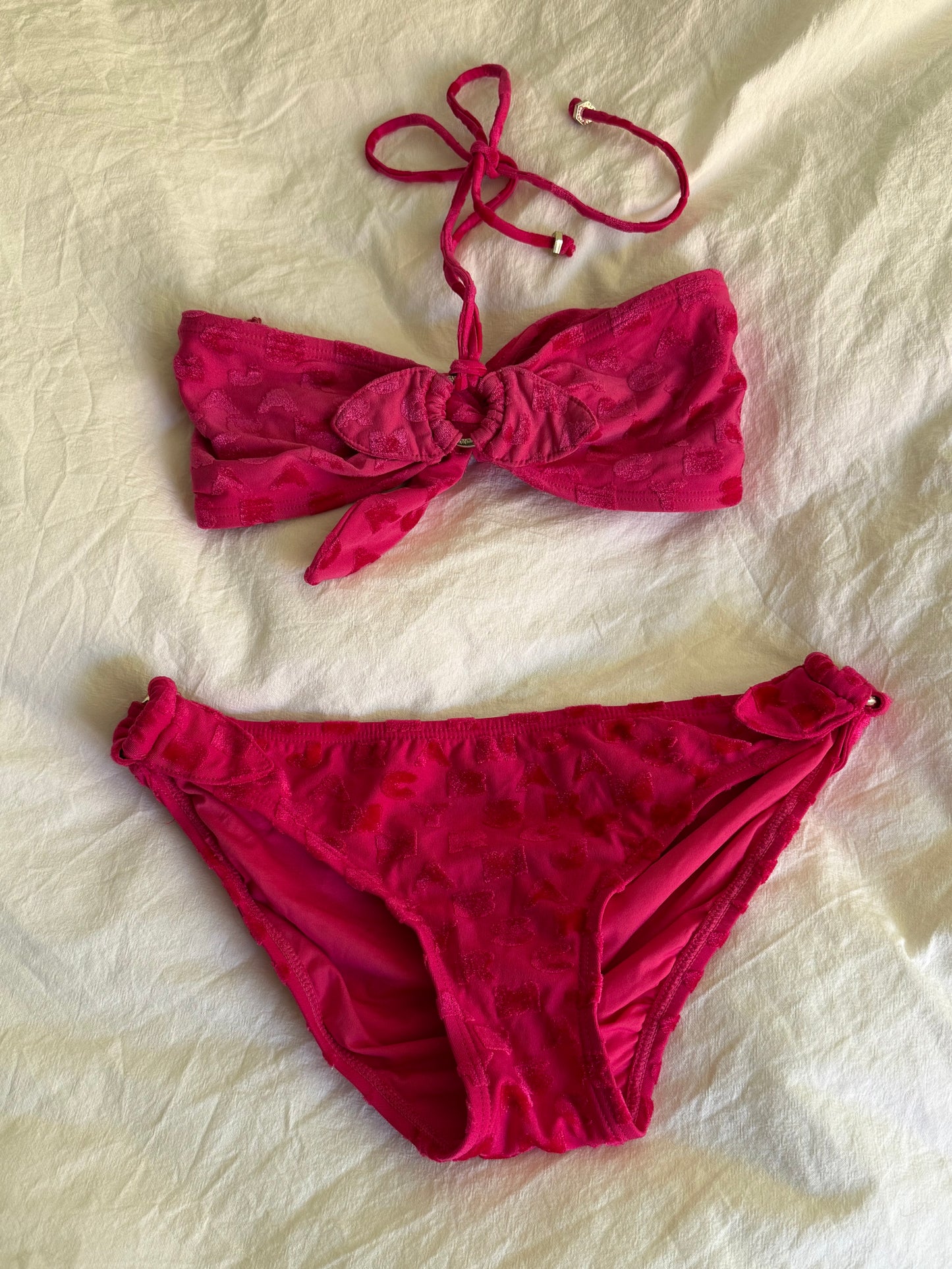 Vintage Marc by Marc Jacobs Hot Pink Velour Logo Bow Bikini Set