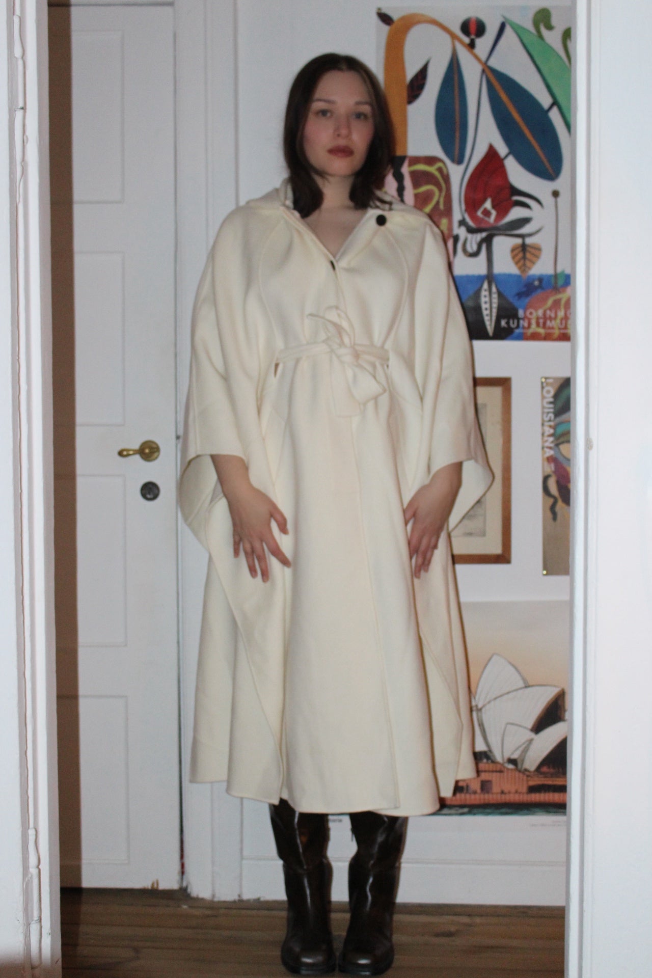 Mackage Wool Cream Poncho with Hood and Belt