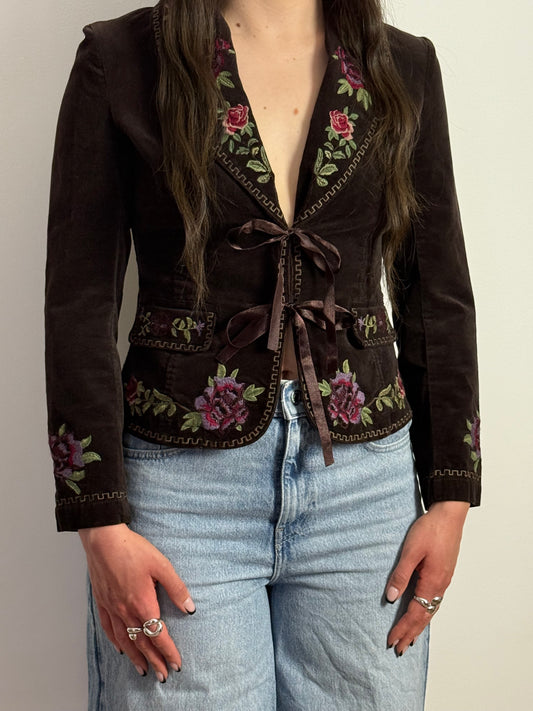 Diane Von Furstenberg Embroidered Velvet Tie Front Blazer