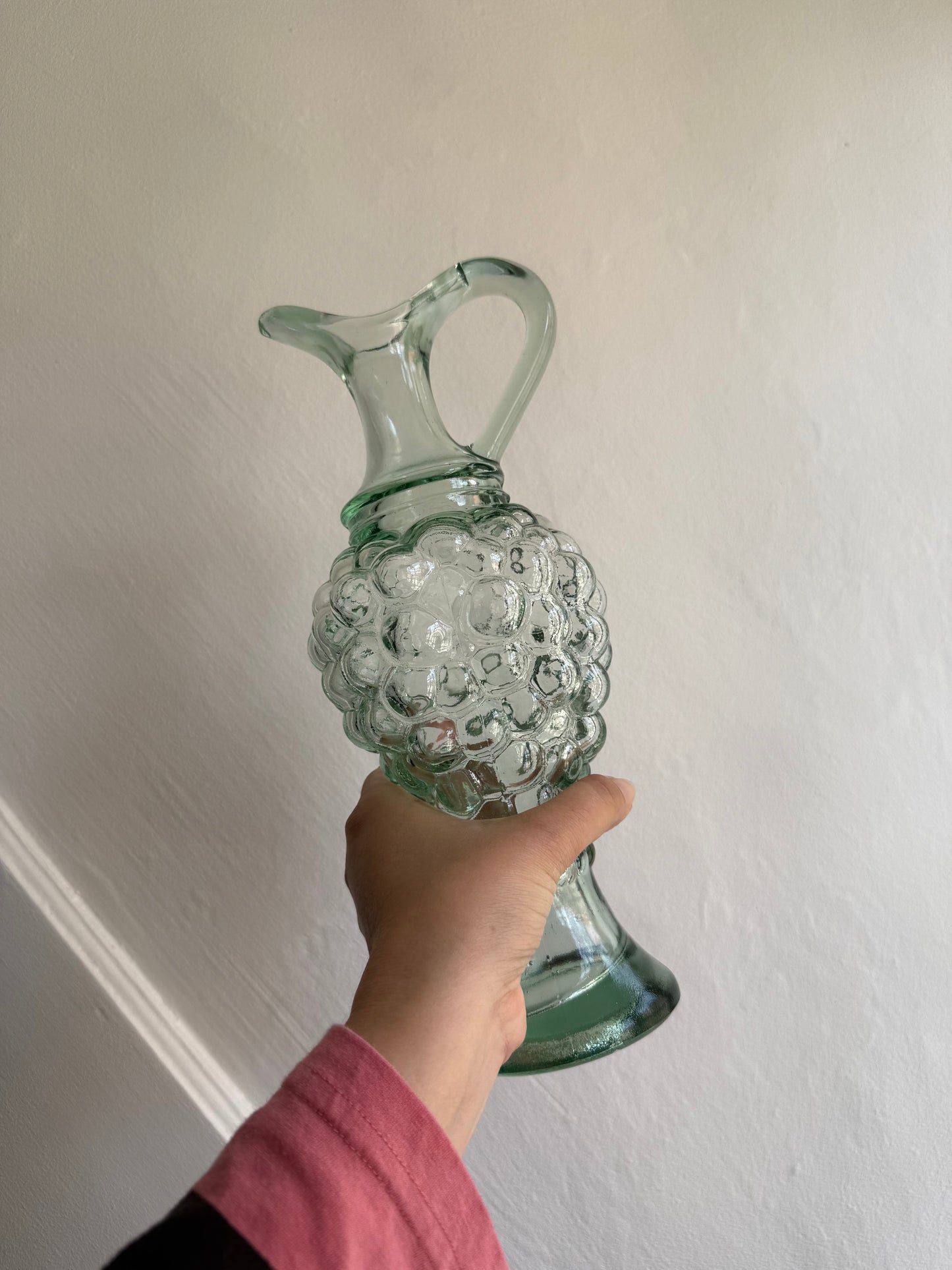 Vintage Green Glass Decanter with Grape Design