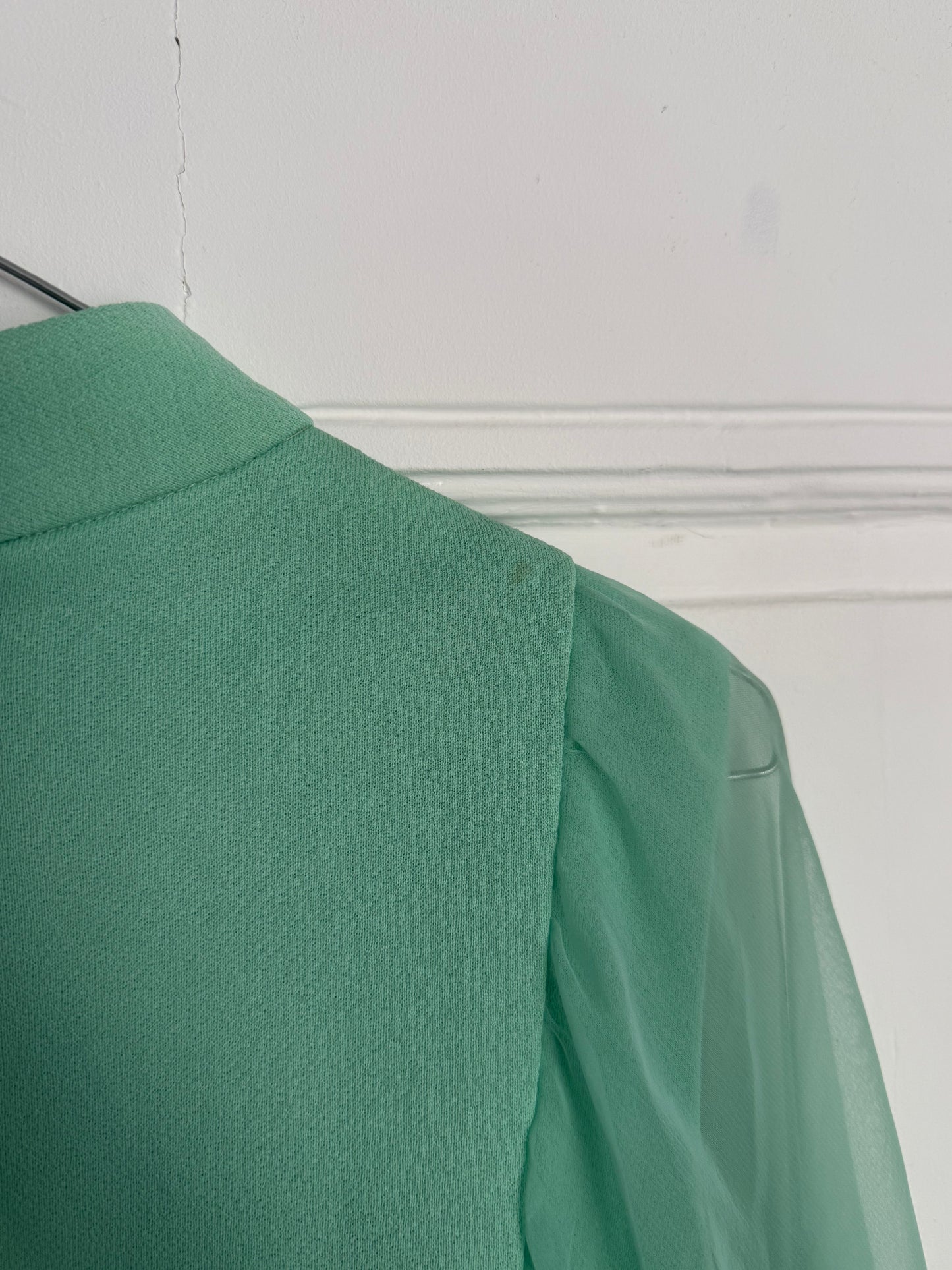 Vintage 60s-70s Mint Green Chiffon Cape Maxi Dress with Rhinestones