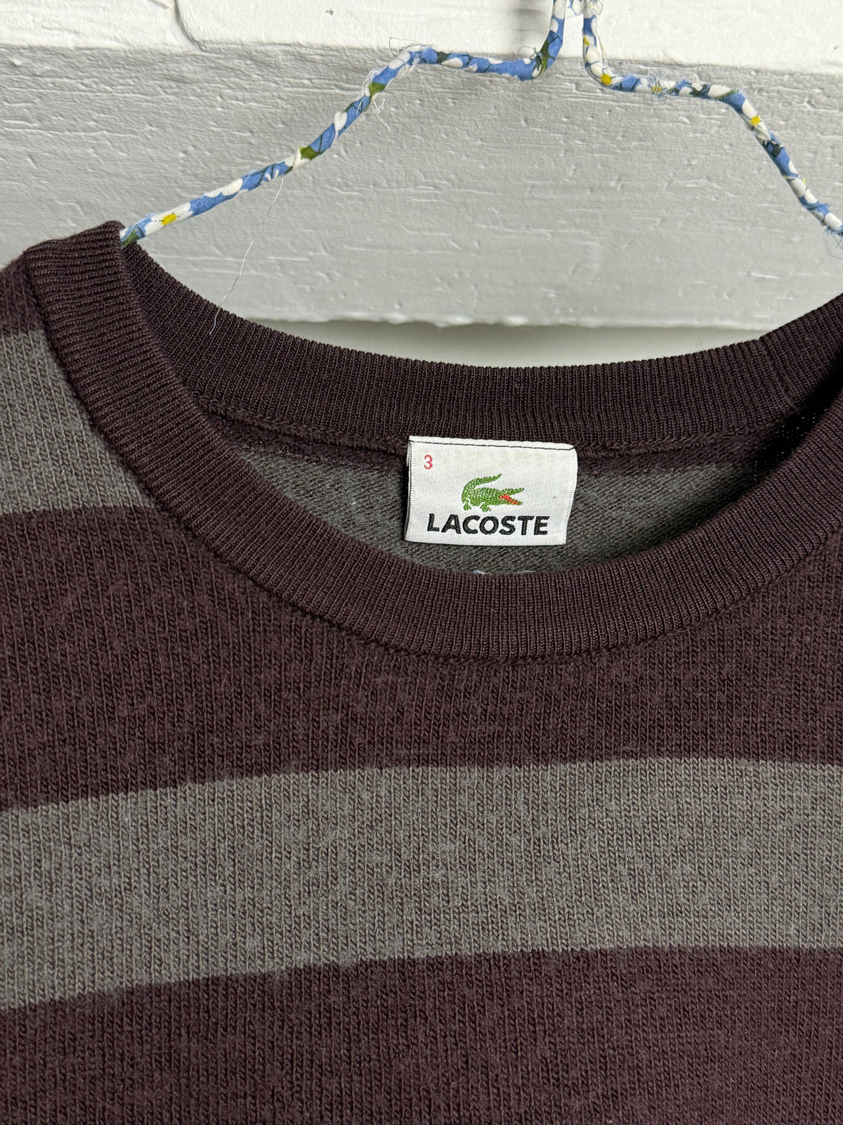 Vintage Lacoste Burgundy and Grey Striped Knit Sweater with Classic Logo