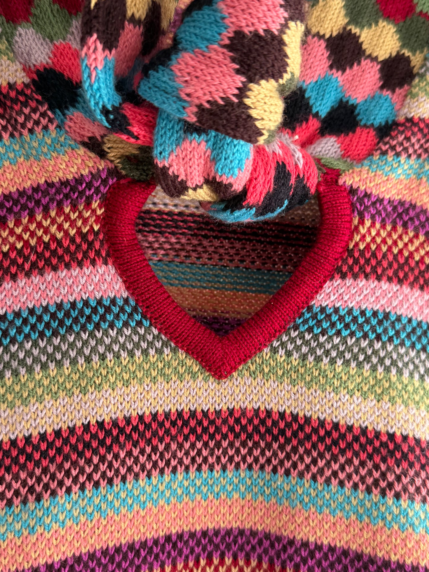 Vintage Rare Cacharel Rainbow Stripe Wool Blend Knit Top With Diamond Tie Scarf Detail