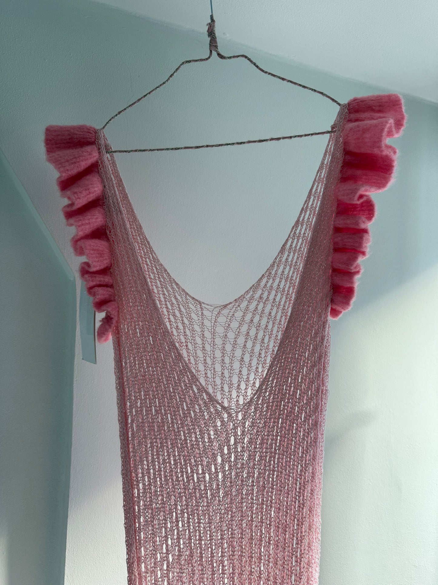 Rotate Pink Open Back Mermaid Crochet Maxi Dress With Ruffle Trim