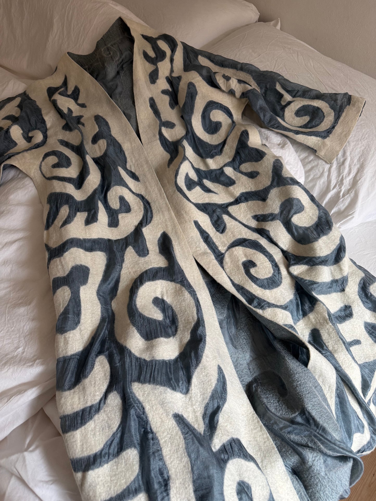 Vintage Long Kimono with Abstract Appliqué Detailing