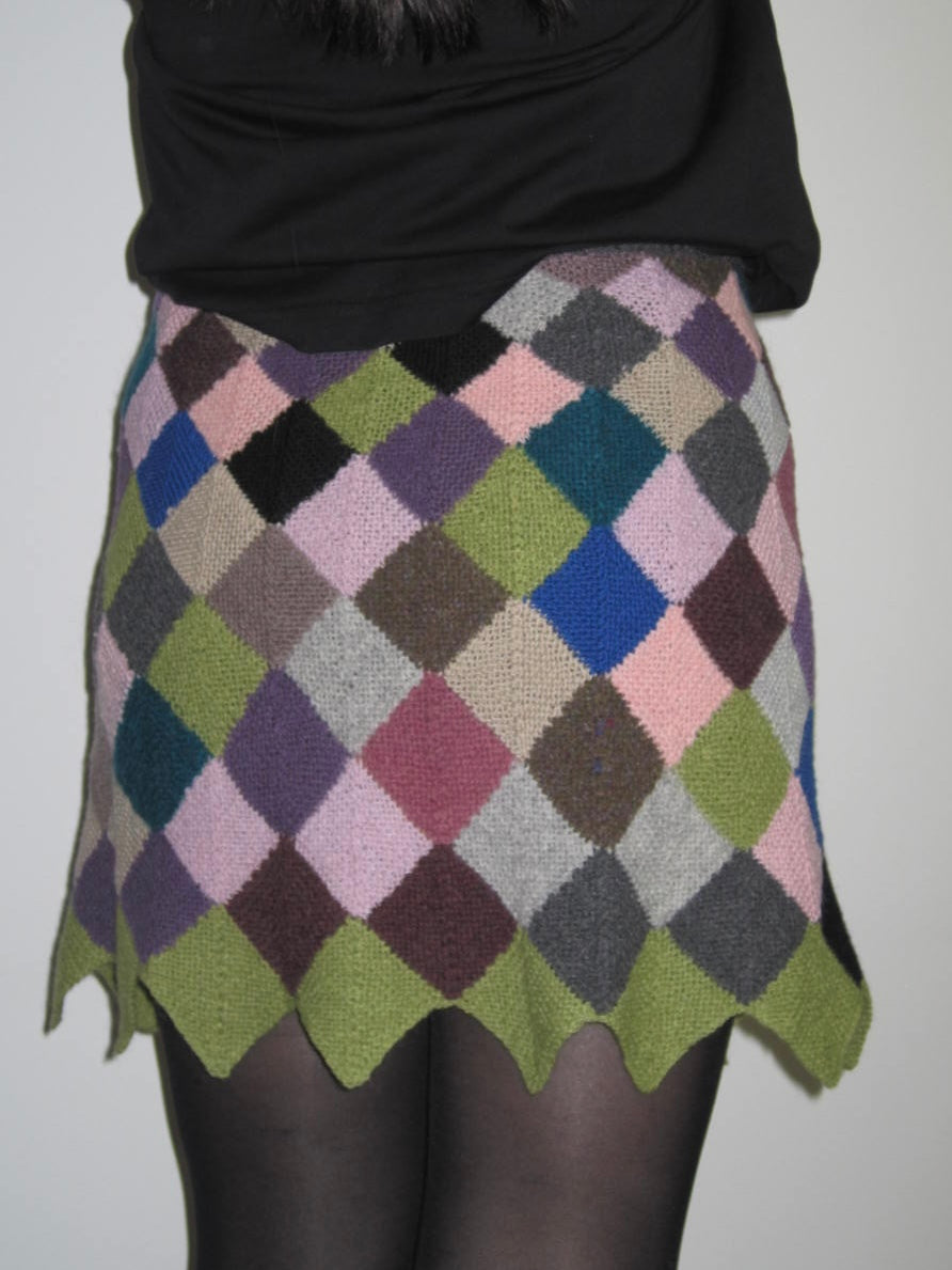 Multicolor Diamond Pattern Hand Knitted Skirt with Scalloped Hem and Textured Finish