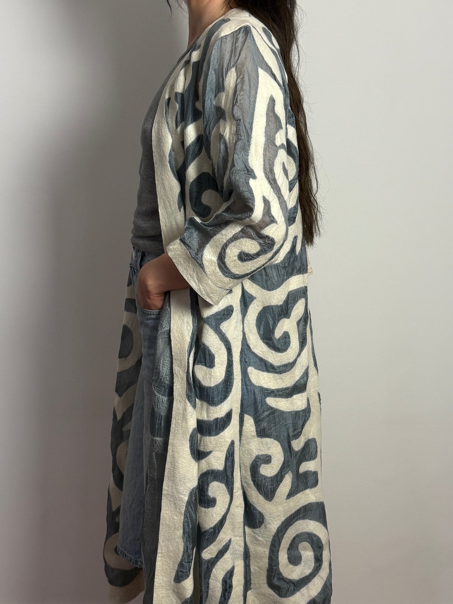 Vintage Long Kimono with Abstract Appliqué Detailing