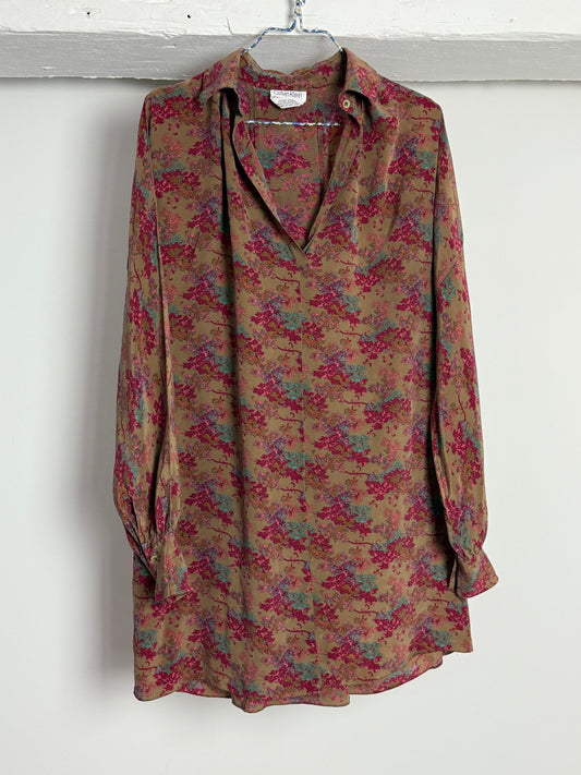 Vintage Calvin Klein Floral Silk Blend Blouse with Relaxed Fit and V Neckline