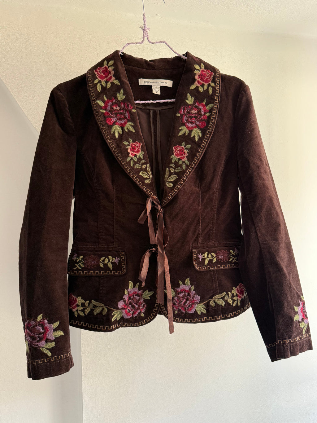 Diane Von Furstenberg Embroidered Velvet Tie Front Blazer