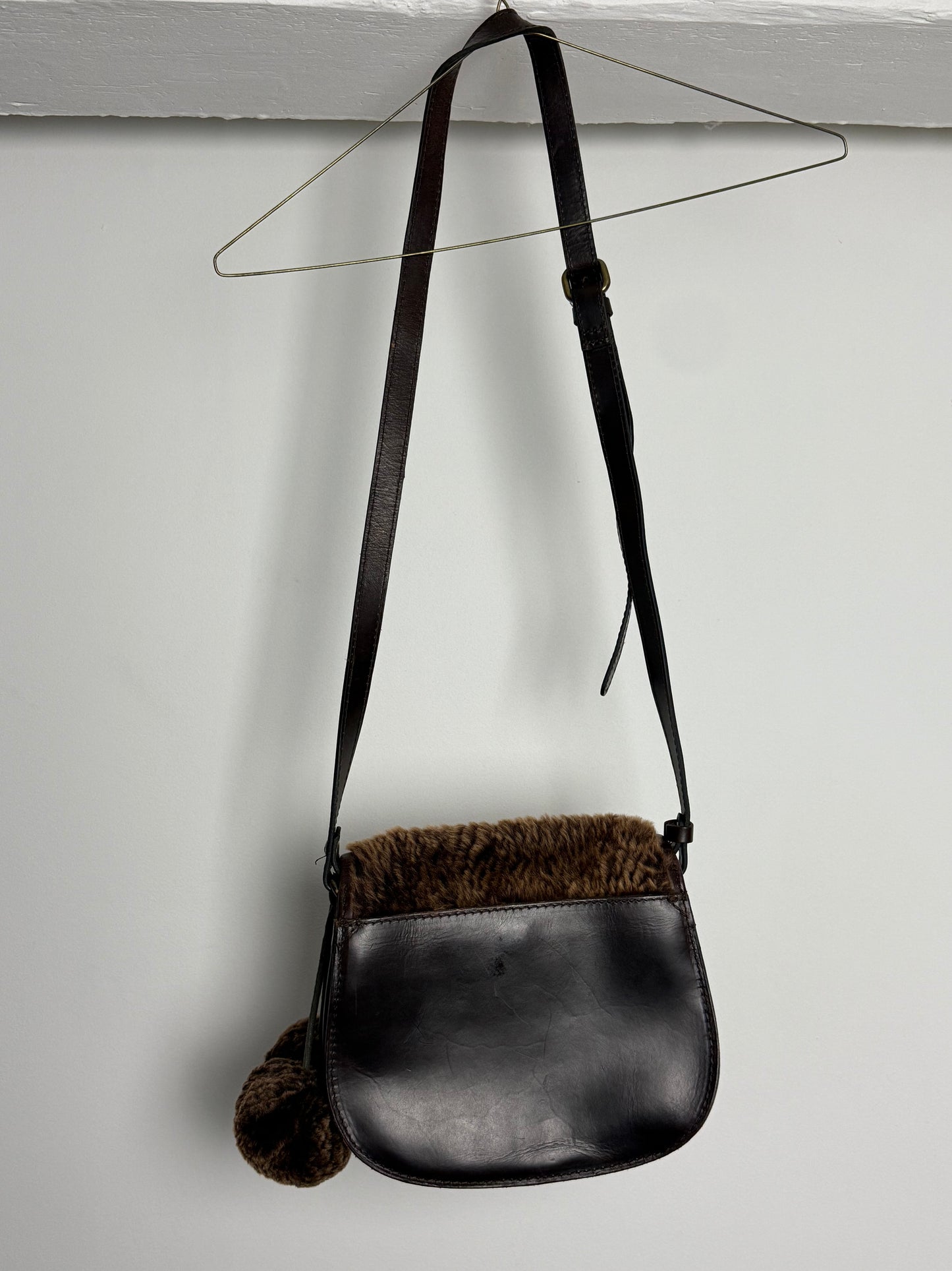 Vintage Patricia Nash Crossbody Bag in Laser Cut Sherpa with Pom Pom Detail