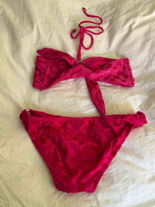 Vintage Marc by Marc Jacobs Hot Pink Velour Logo Bow Bikini Set
