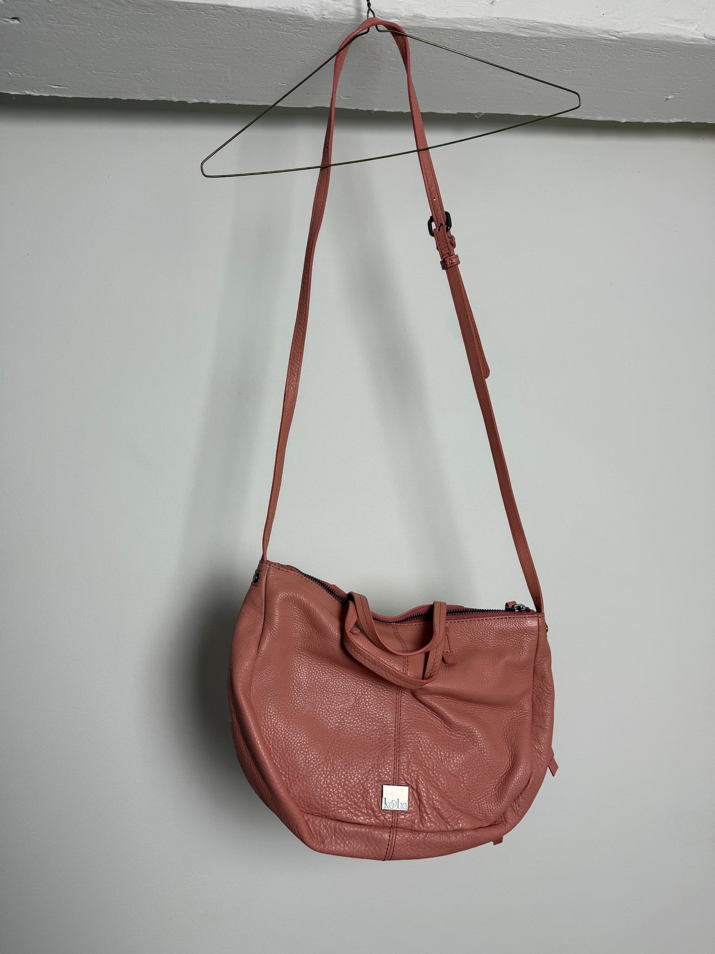 Kooba Blush Soft Leather Shoulder Bag with Multi Zip Pockets and Adjustable Strap