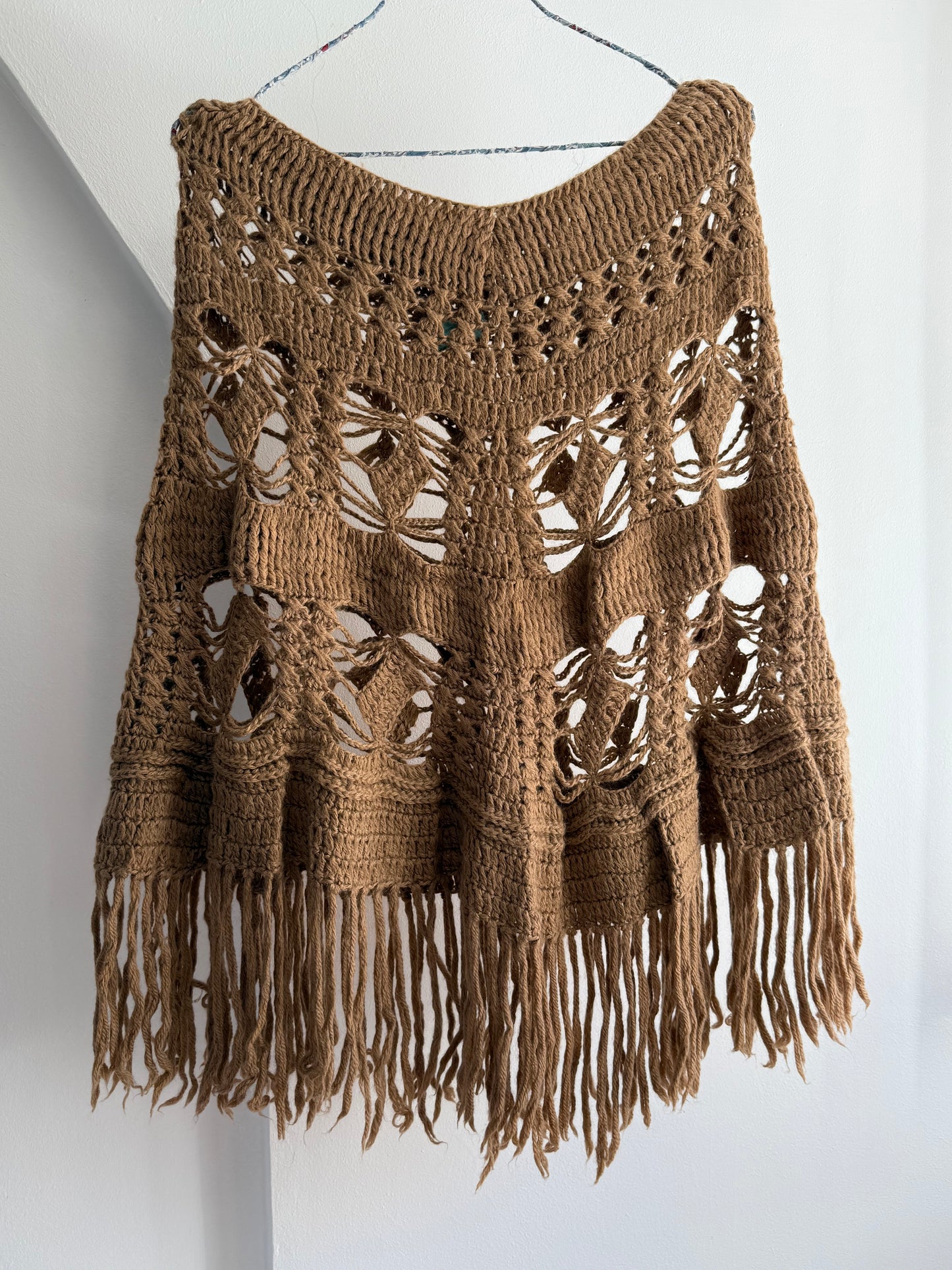 Vintage Rare Baby Alpaca Crochet Fringe Poncho Top in Camel Brown
