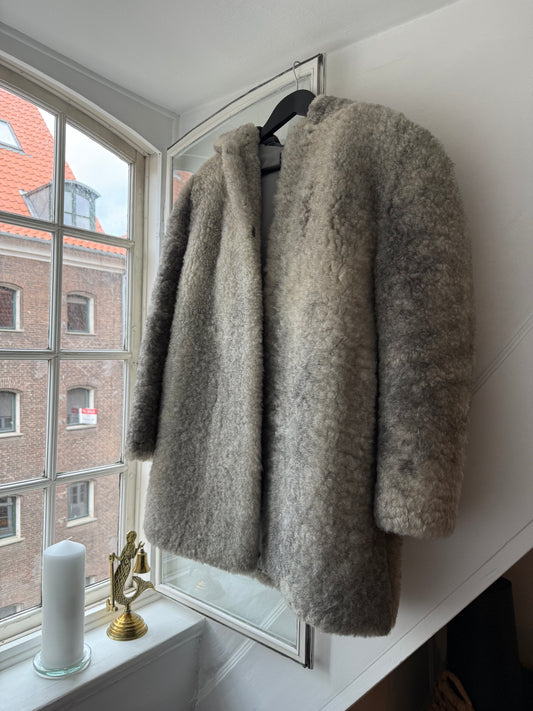 Vintage P. Præst & Søn Grey Shearling Hooded Long Coat