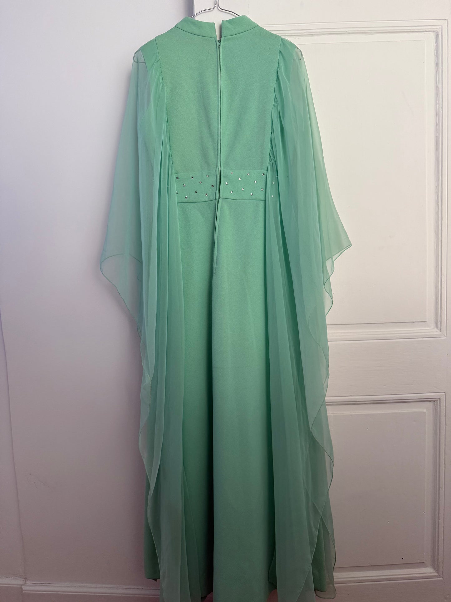Vintage 60s-70s Mint Green Chiffon Cape Maxi Dress with Rhinestones