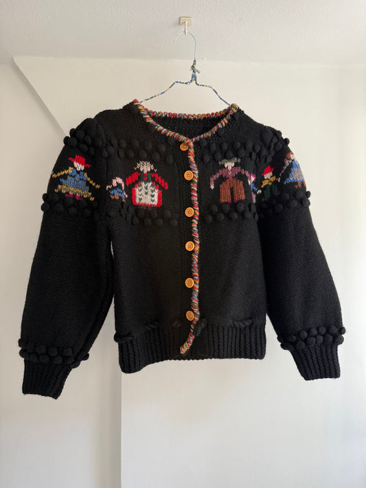 Black Knit Cardigan with Folk-Inspired Knitted Motifs