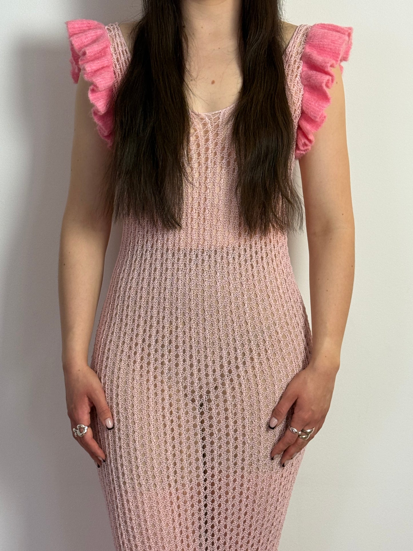 Rotate Pink Open Back Mermaid Crochet Maxi Dress With Ruffle Trim