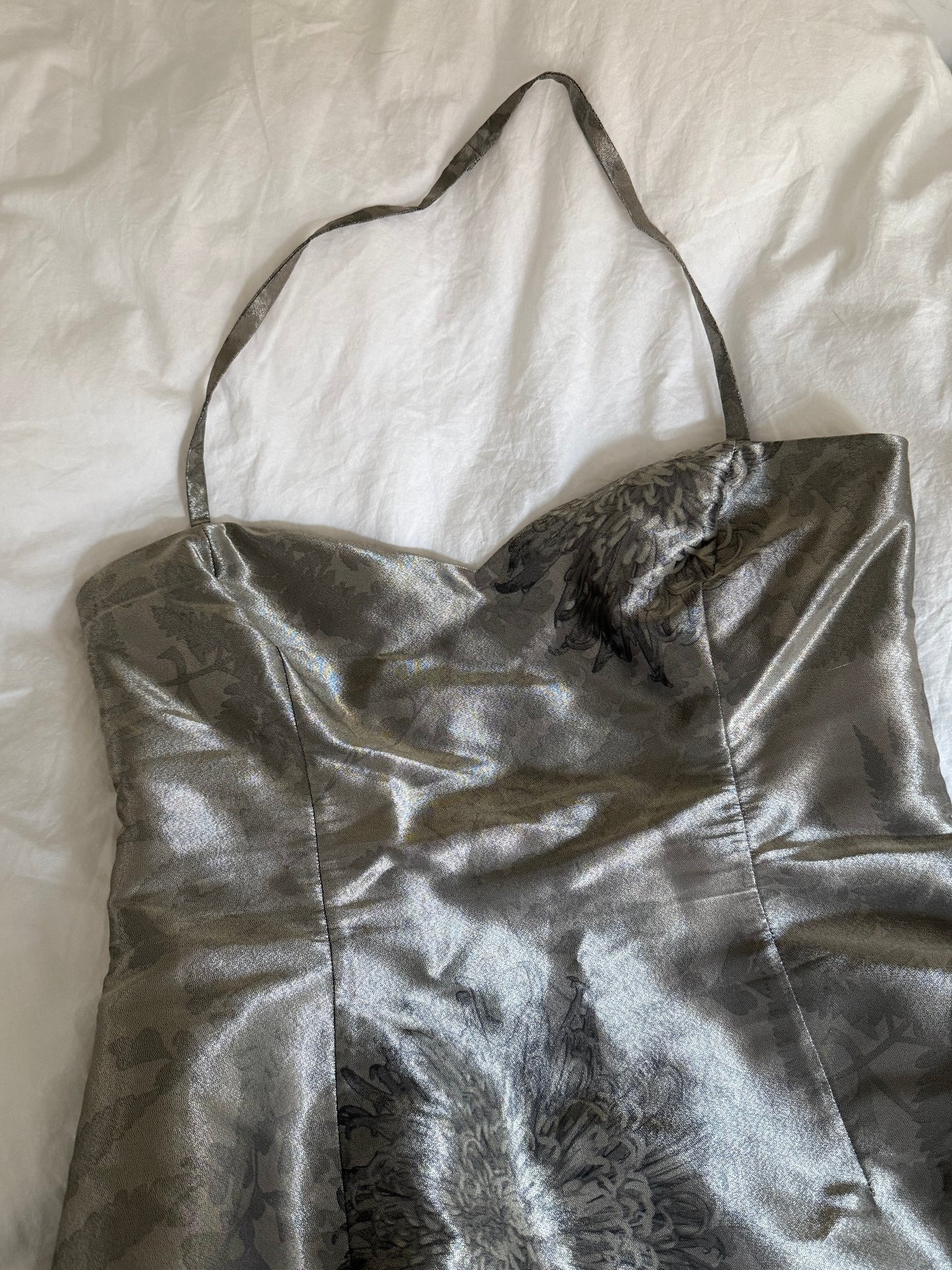 Rare Vintage 1999 Chloe Silver Floral Jacquard Halterneck Dress