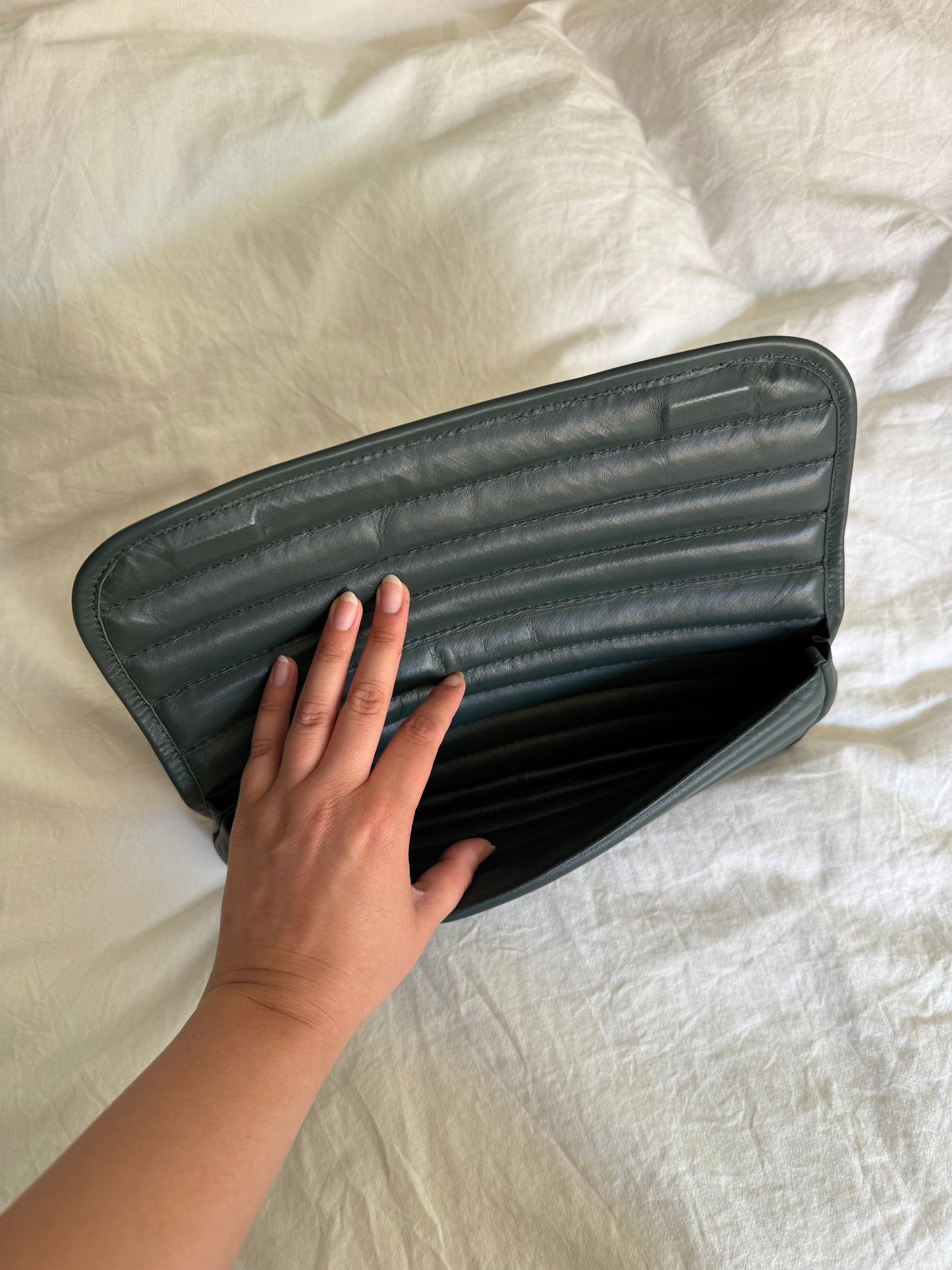 ANINE BING Dark Green Quilted Leather Clutch