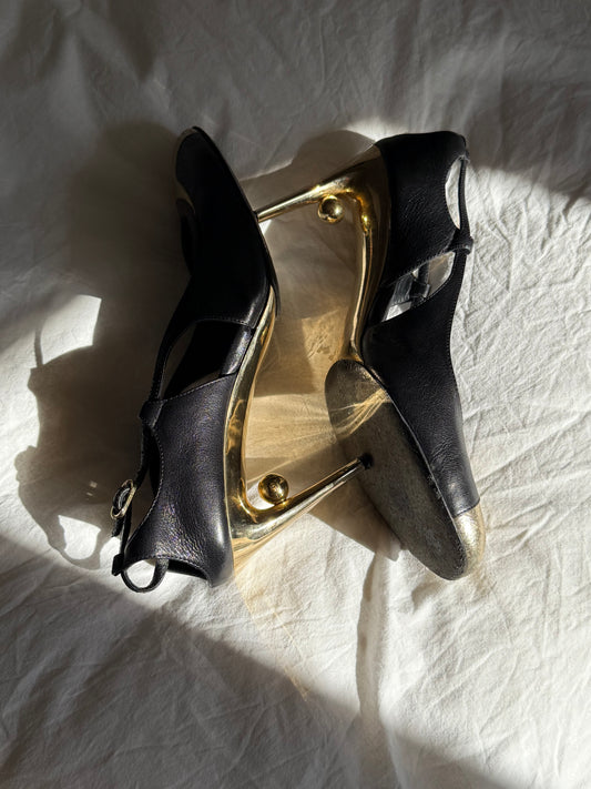 Vintage Chanel Black Leather & Gold CC Sculptural Heel Slingback Pumps