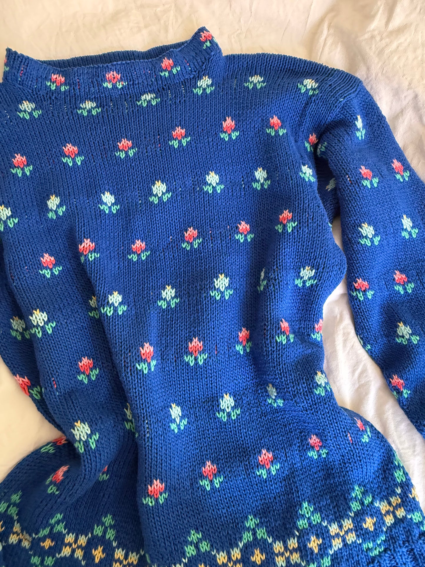 Vintage Hand Knit Blue Tulip Sweater With Folk Pattern