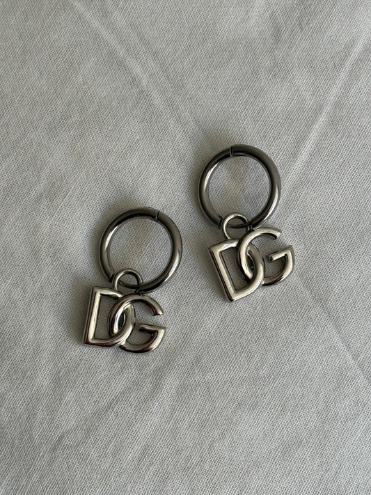 D&G Silver Tone DG Logo Hoop Earrings