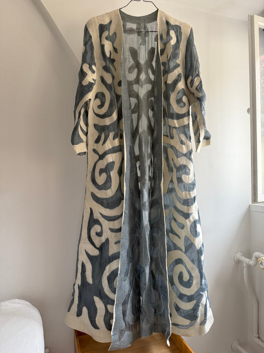 Vintage Long Kimono with Abstract Appliqué Detailing